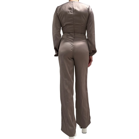 Silky Champagne Jumpsuit with Tie Front - Picture 4 of 4